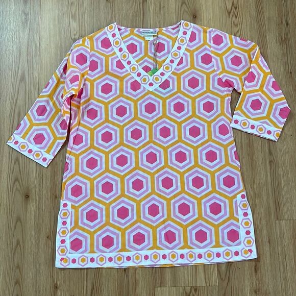 Eco Accents Womens Tunic Medium Coverup Blouse Geometric Print Colorful Tropical - Picture 1 of 7